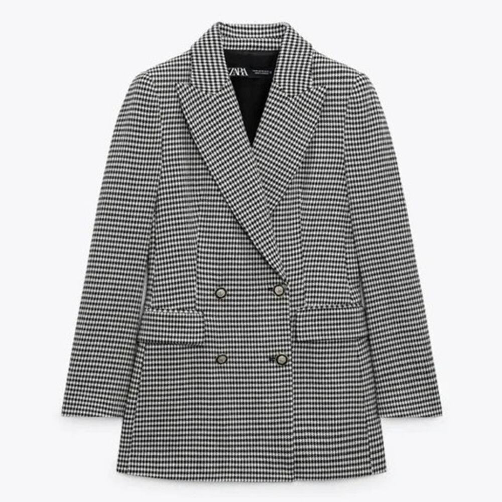 Zara Houndstooth Double Breasted Blazer Jacket Collared Gold Button Tweed XS - Picture 9 of 11
